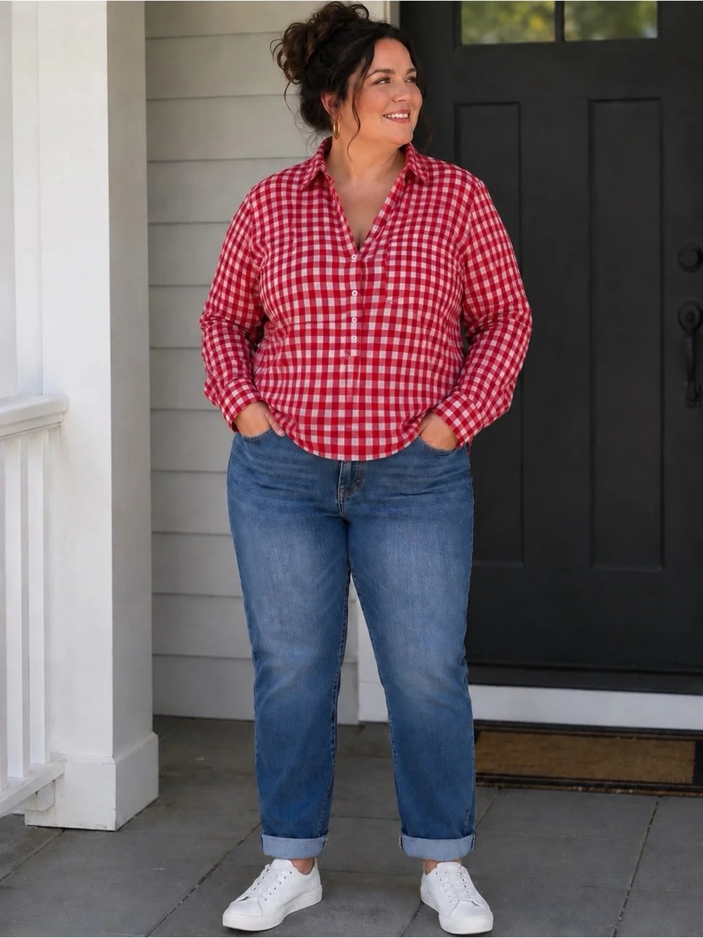 J Crew XL Red Gingham Boy Cut Button Down Shirt